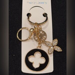 BAG CHARM Gold and Black Keychain Key Holder with Crystal Clover Charms